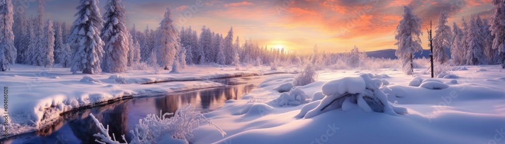 Snowcovered Landscape With A Dreamy Sunrise Glow Banner Background. Generative AI