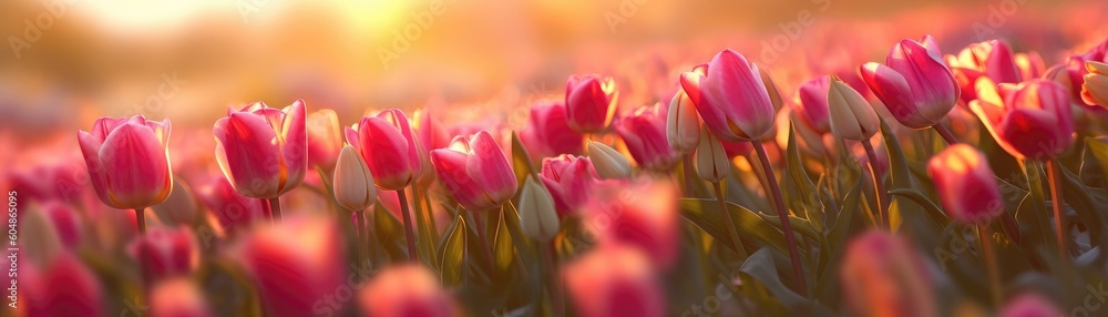 Tulips Field Blurred Sunrise Banner Background. Generative AI