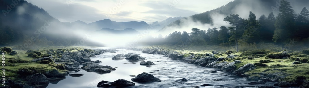 Tranquil River Flowing Through A Misty Valley Banner Background. Generative AI