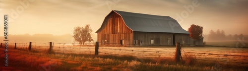 Rustic Countryside Barn With A Hazy Sunrise Glow Banner Background. Generative AI