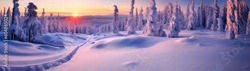 Photo Snowcovered Landscape With A Dreamy Sunrise Glow. Generative AI