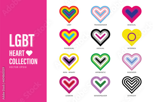 Sexual identity pride color symbols in heart shape collection set including LGBT, transgender, lesbian, non-binary, bisexual and more