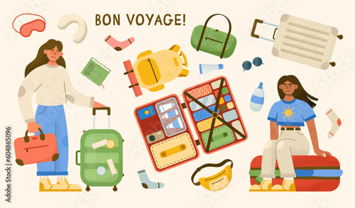 Travel luggage set. Plastic suitcase, fabric backpacks and bags