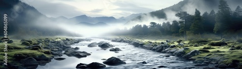 Tranquil River Flowing Through A Misty Valley Banner Background. Generative AI
