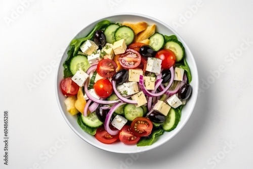 Top View Vegan Greek Salad White Round Plate White Blank. Generative AI