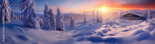 Winter Snowscape With A Dreamy Sunrise Ambiance. Generative AI