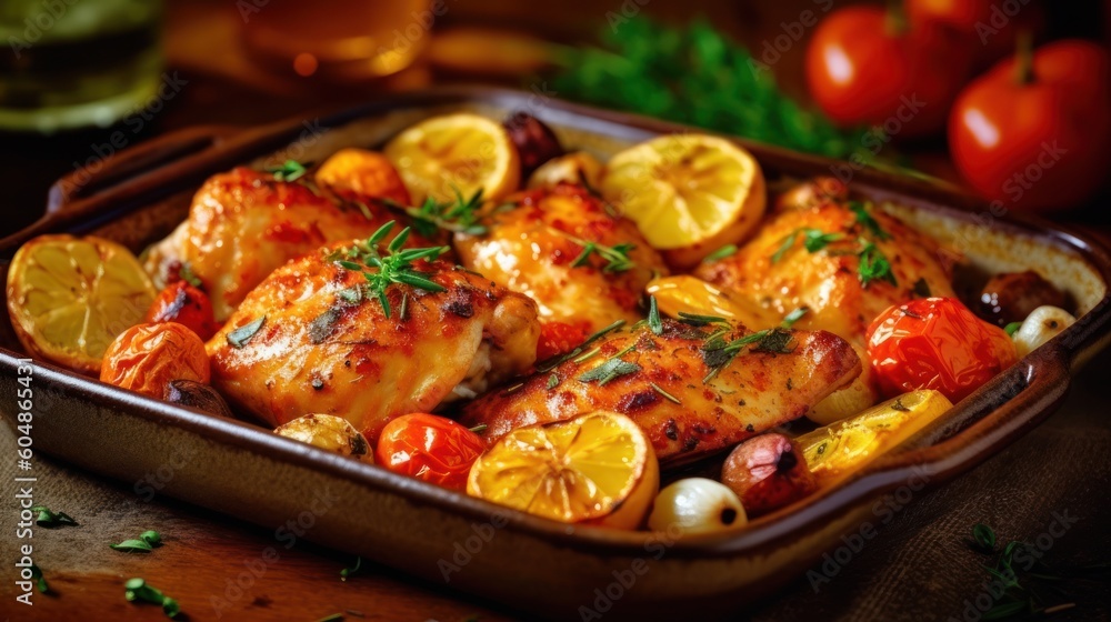 Baked juicy chicken. Generative AI Baked juicy chicken. Generative AI