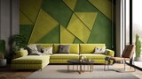 Olive Living Room With Full Wall Flat Geometric Lime. Generative AI