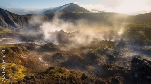 Dramatic Volcanic Landscape With Rugged Terrain And Steam Vents. Generative AI
