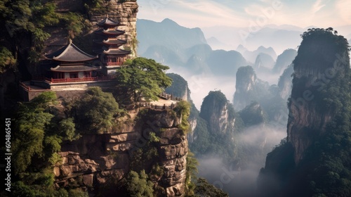 Ancient Temple Perched On A Cliff Overlooking A Vast Valley. Generative AI photo
