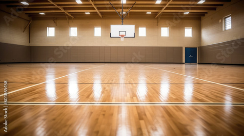 Empty Basketball Court With Pristine Hardwood Floor. Generative AI