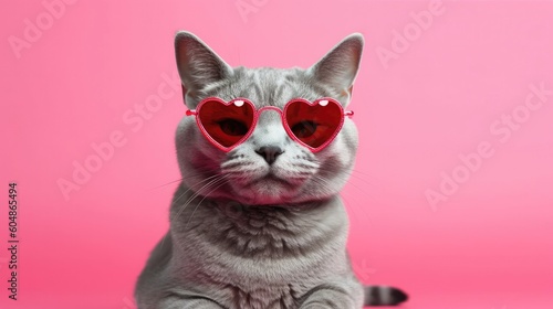 Egyptian Mau Cat With Heart Shaped Sunglasses. Generative AI