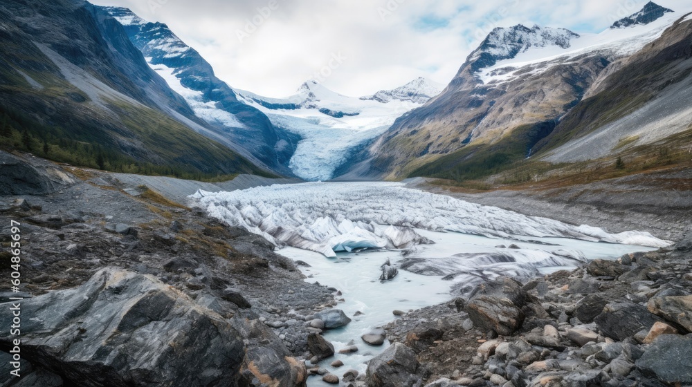 Remote Glacier Carving Its Way Through A Rugged Landscape. Generative AI