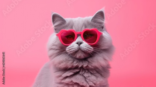 Nebelung Cat With Heart Shaped Sunglasses. Generative AI © Ян Заболотний