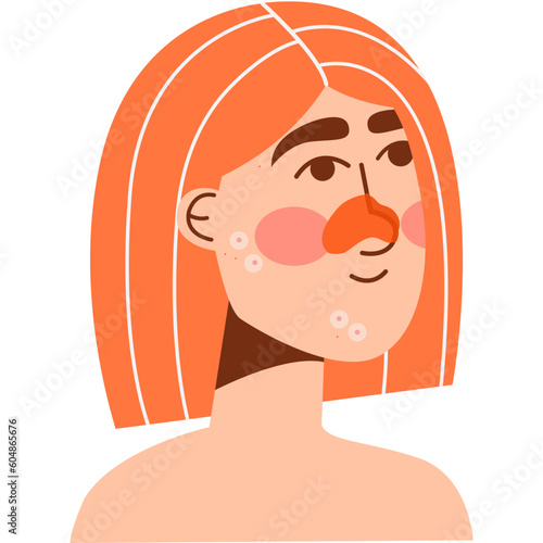Woman with the red hair and acne,nose patch. Daily activity routine. Skincare procedure, dermatology treatment, cosmetology product, clear face, skin beauty.