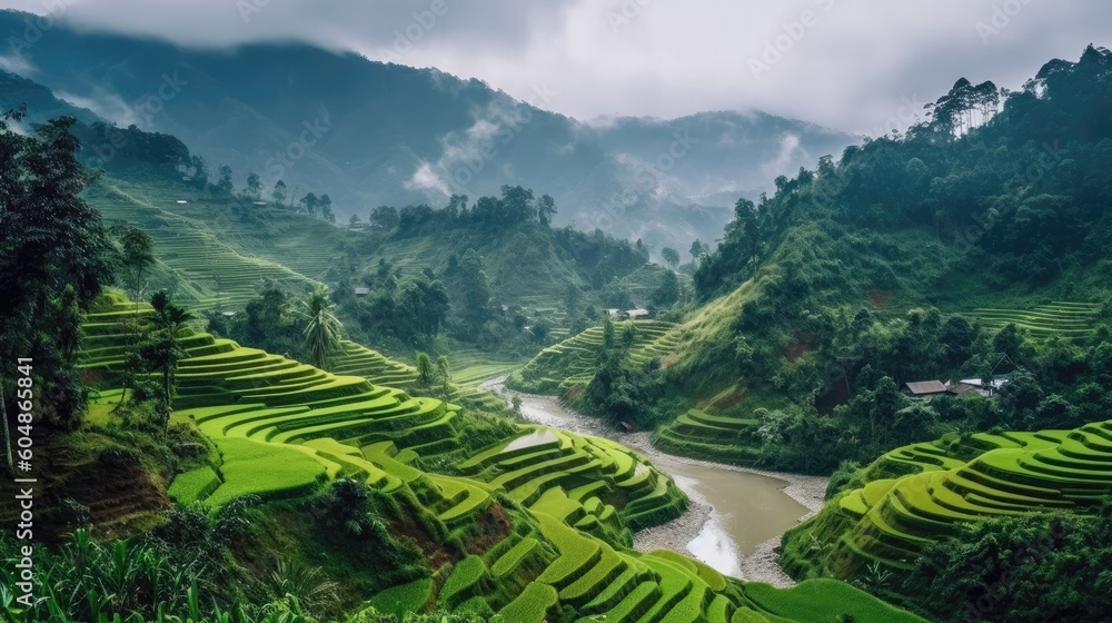 Tranquil Rice Terraces Cascading Down A Mountainside. Generative AI