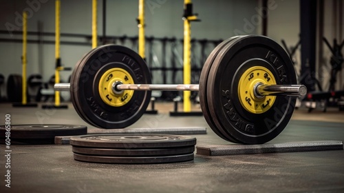 Weightlifting Barbell Loaded With Plates On A Lifting Platform. Generative AI