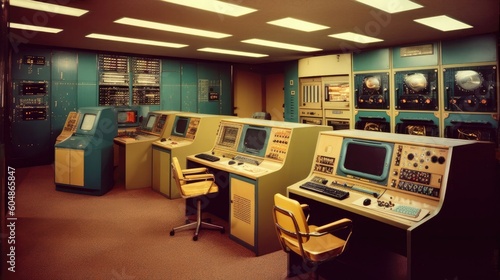 Vintage Computer Room With Mainframe Machines And Punch Card Readers. Generative AI photo
