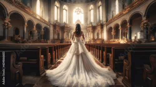 In a grand church, a glowing bride enters. Her wedding dress glistens, reflecting the ornate surroundings. Generative AI photo