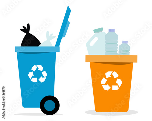 Plastic garbage bin. Recycle trash bin for plastic in a flat design