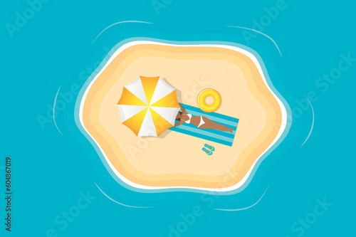 woman sunbathing on little deserted island surrounded by water under umbrella