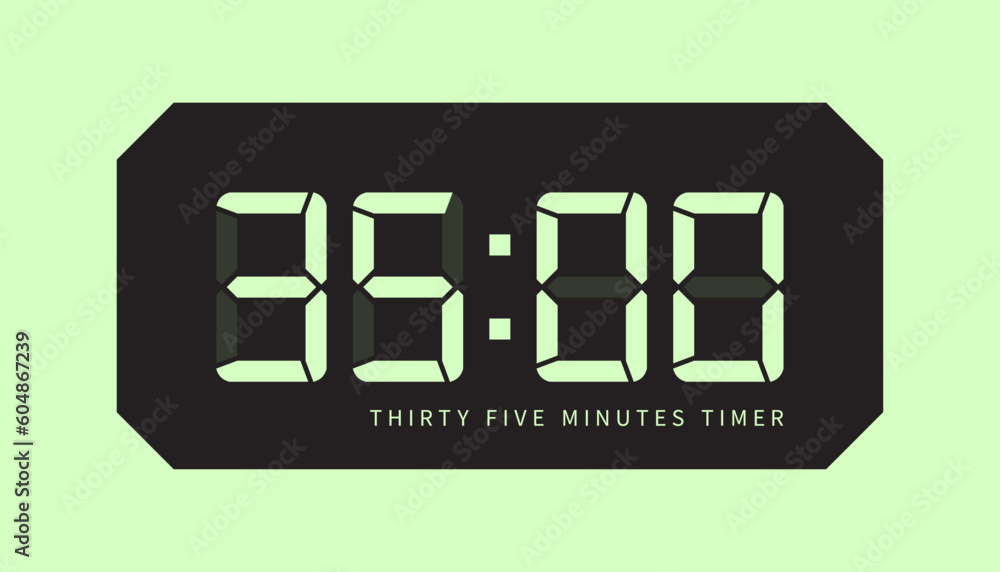 35 Minutes Timer Digital Clock Icon, Retro LED Style. Clock, Stop Watch Button, Showing Thirty Five Minutes State. Countdown, Cooking, Amount Indication. Isolated Vector. 35 Minutes Timer Digital Clock Icon, Retro LED Style. Clock, Stop Watch Button, Showing Thirty Five Minutes State. Countdown, Cooking, Amount Indication. Isolated Vector.