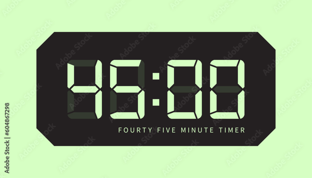 45 Minute Timer Digital Clock Icon, Retro LED Style. Clock, Stop Watch Button, Showing Forty Five Minutes State. Countdown, Cooking, Amount Indication. Isolated Vector.
45 Minute Timer Digital Clock Icon, Retro LED Style. Clock, Stop Watch Button, Showing Forty Five Minutes State. Countdown, Cooking, Amount Indication. Isolated Vector.