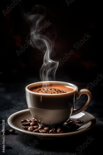 A cup of espresso with steam and coffee beans on a black background. Copy space. AI generated