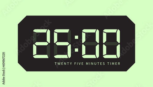 25 Minute Timer Digital Clock Icon, Retro LED Style. Clock, Stop Watch Button, Showing Twenty Five Minutes State. Countdown, Cooking, Amount Indication. Isolated Vector.
