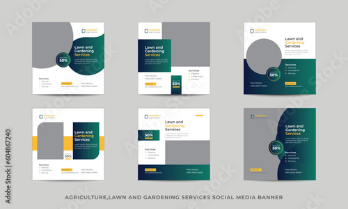 Agro farm services social media banner template.Lawn and Gardening service social media template. Gardening and Landscaping service social media post in green layouts.  Organic agriculture farm