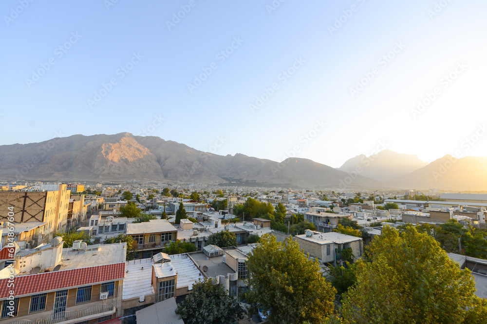 Panorama View of Shiraz from the surrounding hills in summer time with clear sky, Iran.