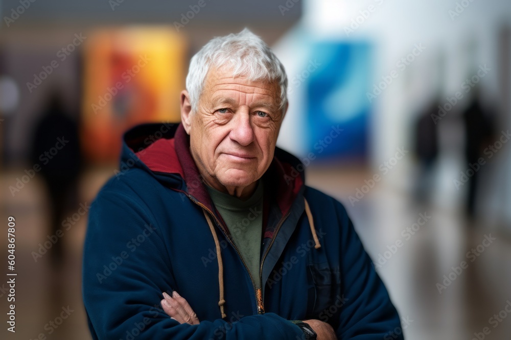 Medium shot portrait photography of a satisfied old man wearing a cozy zip-up hoodie against a modern art gallery background. With generative AI technology Medium shot portrait photography of a satisfied old man wearing a cozy zip-up hoodie against a modern art gallery background. With generative AI technology