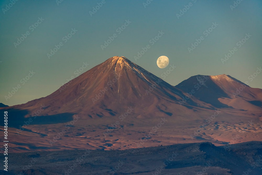 Atacama Desert, San Pedro de Atacama, Antofagasta, Chile on May 02, 2023. Moon Valley and Licancabur Volcano.