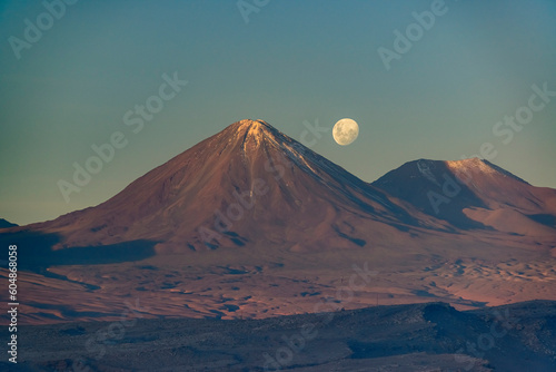 Atacama Desert, San Pedro de Atacama, Antofagasta, Chile on May 02, 2023. Moon Valley and Licancabur Volcano. photo