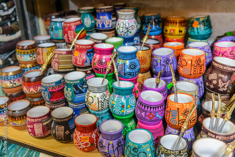 Chilean souvenirs and handicrafts for sale in San Pedro de Atacama, Chile on May 5, 2023.