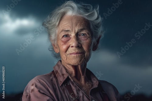 Medium shot portrait photography of a satisfied old woman wearing a casual short-sleeve shirt against a dramatic thunderstorm background. With generative AI technology