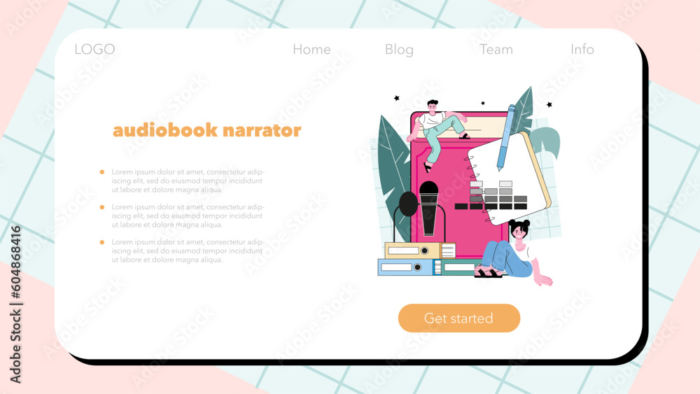 Speaker web banner or landing page. Audio book narrator. Character talking Speaker web banner or landing page. Audio book narrator. Character talking