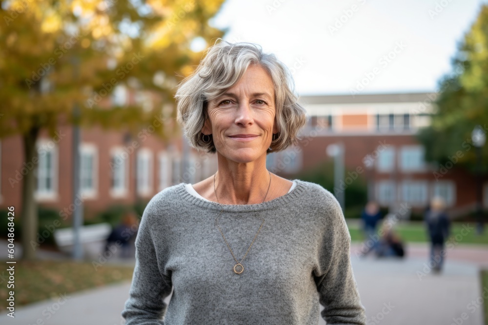 Lifestyle portrait photography of a glad mature girl wearing a cozy sweater against a school campus background. With generative AI technology Lifestyle portrait photography of a glad mature girl wearing a cozy sweater against a school campus background. With generative AI technology