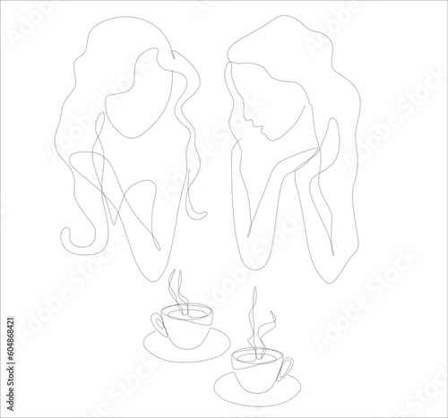 Two girls talking with cup of tea coffee, lineart vector illustration