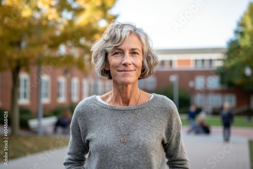 Lifestyle portrait photography of a glad mature girl wearing a cozy sweater against a school campus background. With generative AI technology