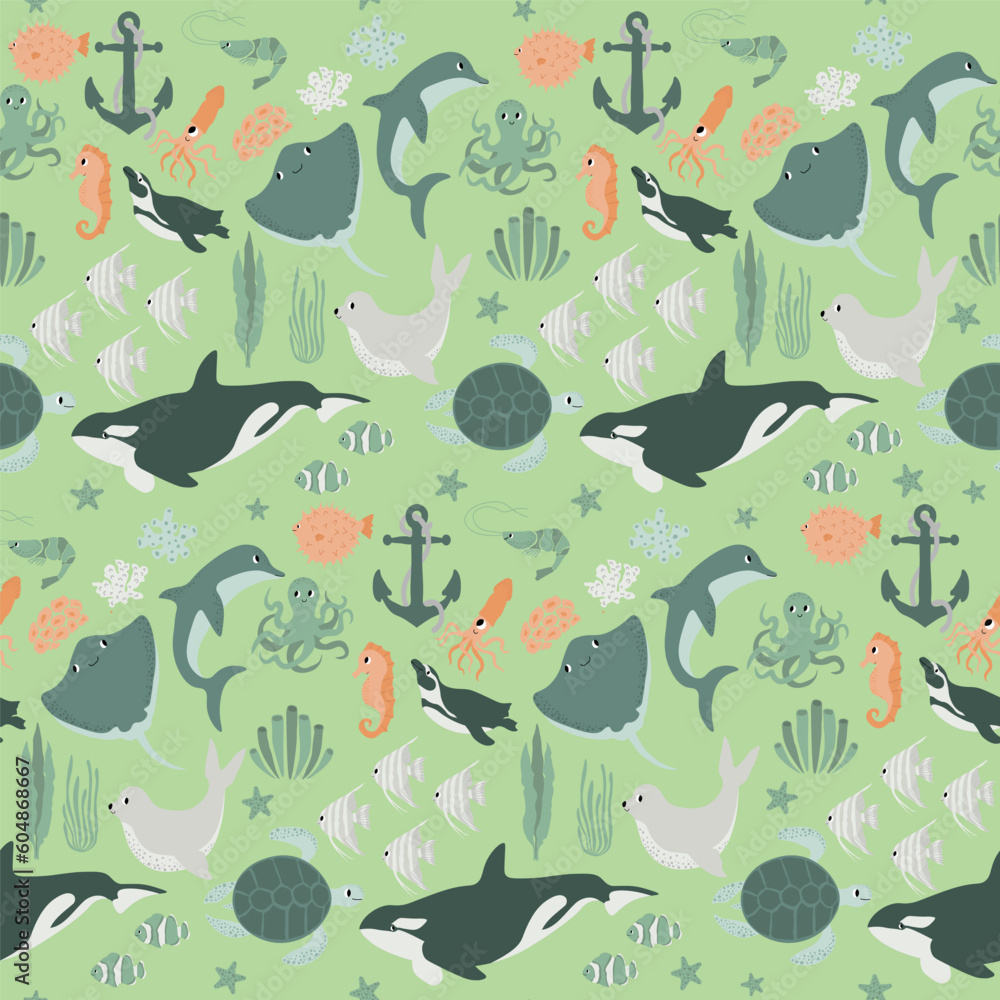 Fotografie Vector seamless pattern with devil fish,orca,turtle,octopus,shrimp,seahorse,squid,penguin,seal