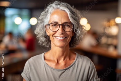 Close-up portrait photography of a satisfied mature girl wearing a casual short-sleeve shirt against a cozy coffee shop background. With generative AI technology