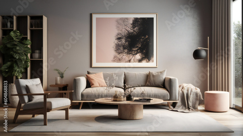 Stylish Living Room Interior with a Tree Frame Poster  Modern interior design  3D render  3D illustration