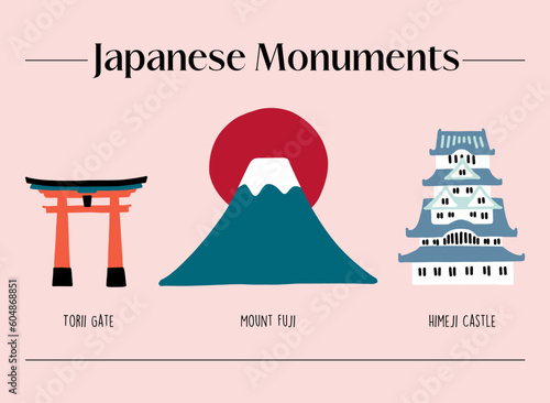 Set of 3 illustrations of Japanese monuments