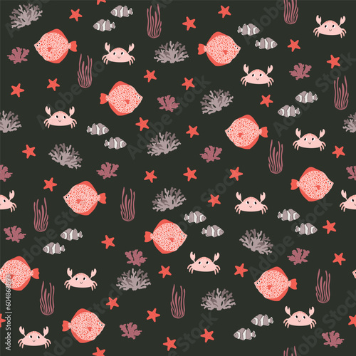 Vector seamless pattern with flounder, crab, seaweed, starfish, clownfish.Underwater cartoon creatures.Marine background.Cute ocean pattern for fabric, childrens clothing,textiles,wrapping paper