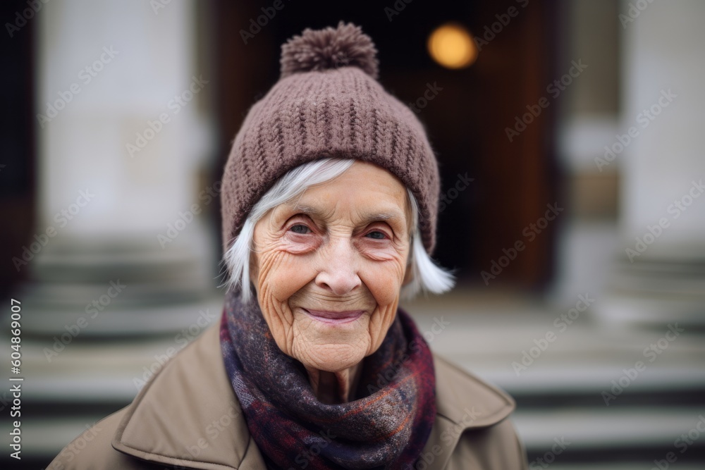 Medium shot portrait photography of a glad old woman wearing a warm beanie or knit hat against a historic library background. With generative AI technology Medium shot portrait photography of a glad old woman wearing a warm beanie or knit hat against a historic library background. With generative AI technology