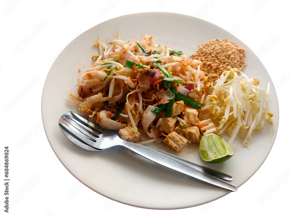 Pad Thai with spoon and fork in a white plate can see the ingredients