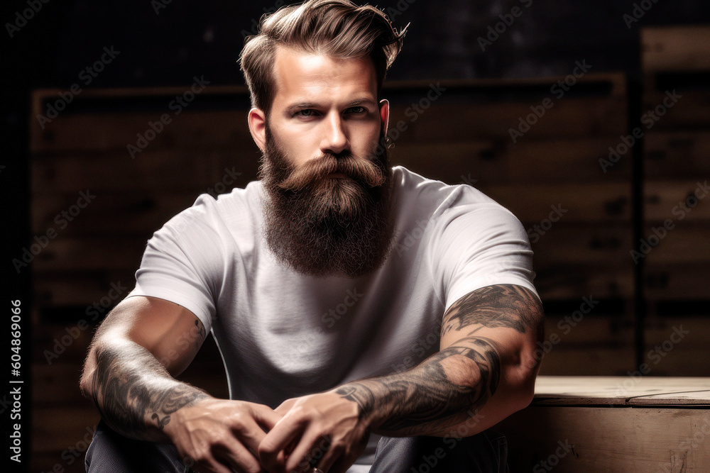 A rugged, bearded man exudes strength, his tattooed arm a testament to his journey. Casual in a white tee, he sits on a worn wooden box in a loft, exuding a raw and confident aura. Generative AI