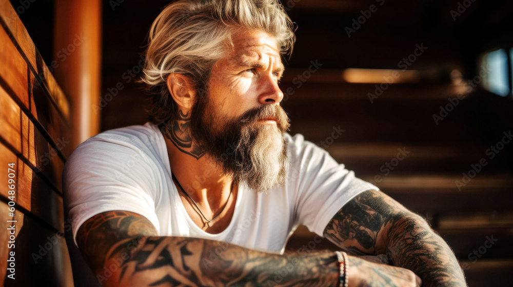 A rugged, bearded man exudes strength, his tattooed arm a testament to his journey. Casual in a white tee, he sits on a worn wooden box in a loft, exuding a raw and confident aura. Generative AI A rugged, bearded man exudes strength, his tattooed arm a testament to his journey. Casual in a white tee, he sits on a worn wooden box in a loft, exuding a raw and confident aura. Generative AI