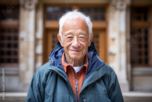 Lifestyle portrait photography of a grinning old man wearing a cozy zip-up hoodie against a historic library background. With generative AI technology